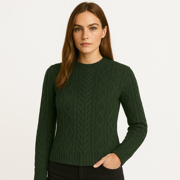 The Cashmere Project Cashmere Cableknit Crew Neck Sweater Forest Green - Picture 1 of 10